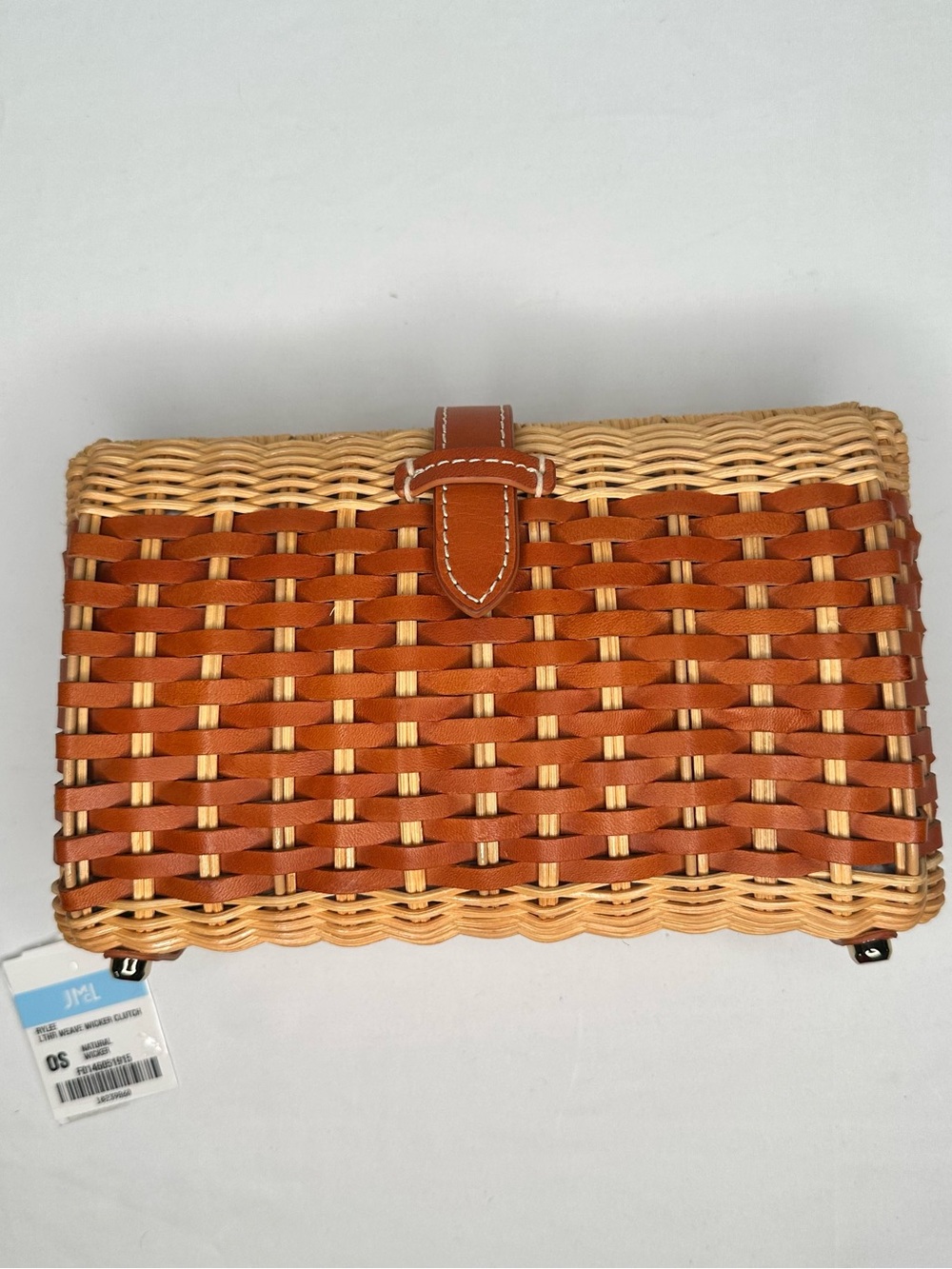 Woven Rattan Clutch with Leather Trim - Tan/Brown